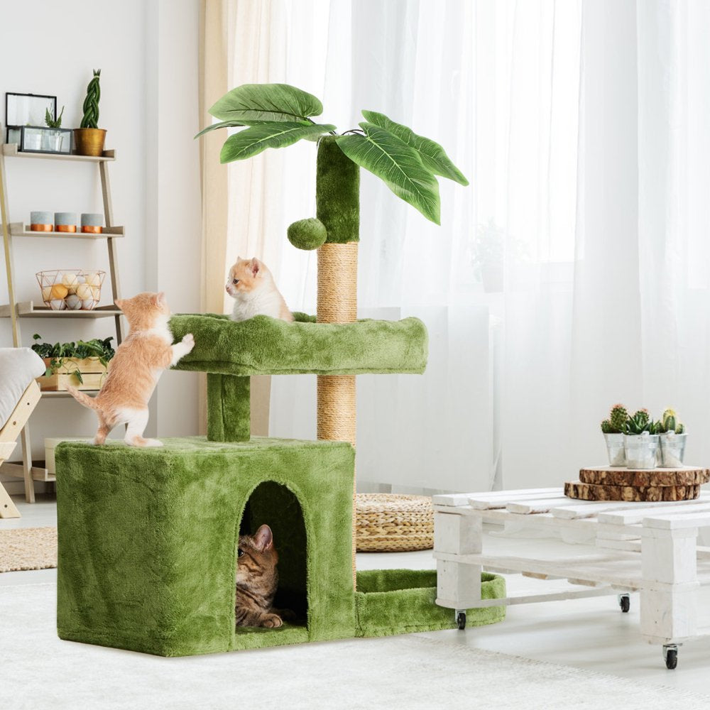 31.5" Cat Tree Cat Tower for Indoor Cats with Green Leaves, Cat Condo Cozy Plush Cat House with Hang Ball and Leaf Shape Design, Cat Furniture Pet House with Cat Scratching Posts,Grey