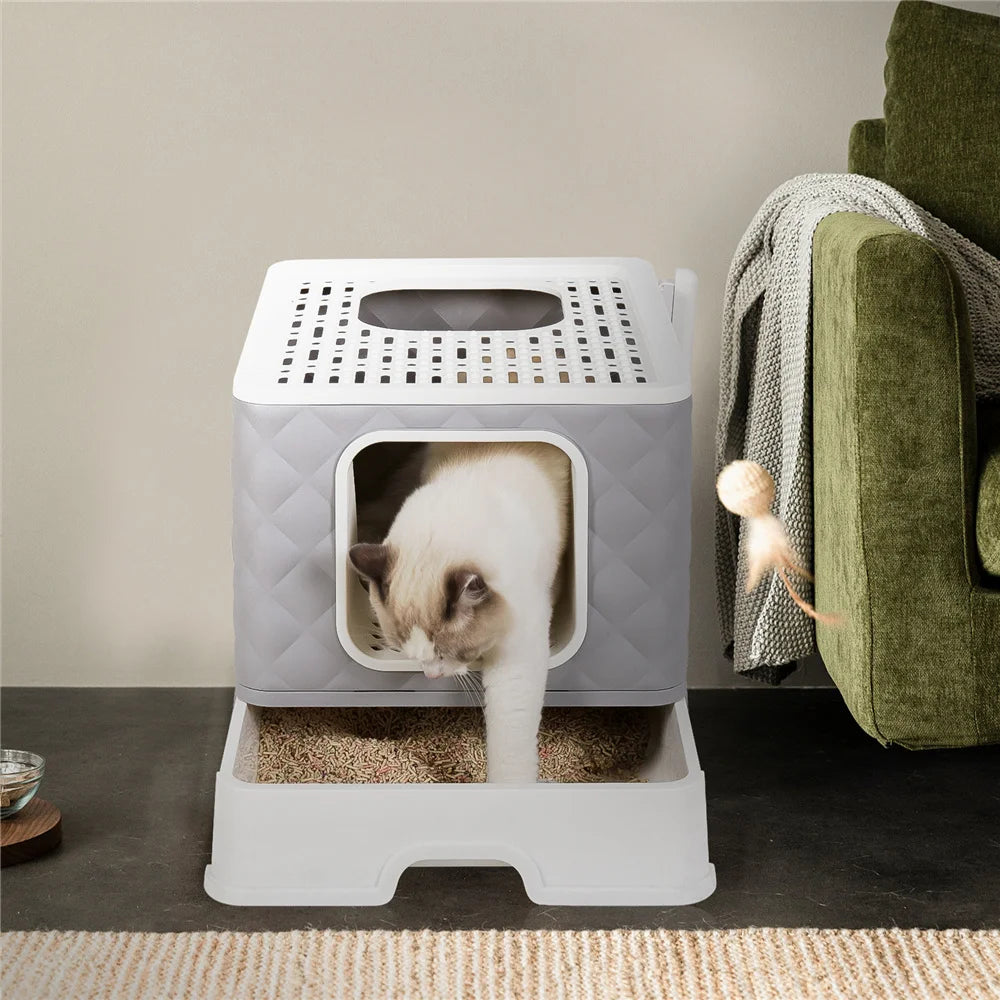 Foldable Cat Litter Box Large Pet Toilet+Cat Sand Shovel Easy Clean Leak-Proof Enclosed