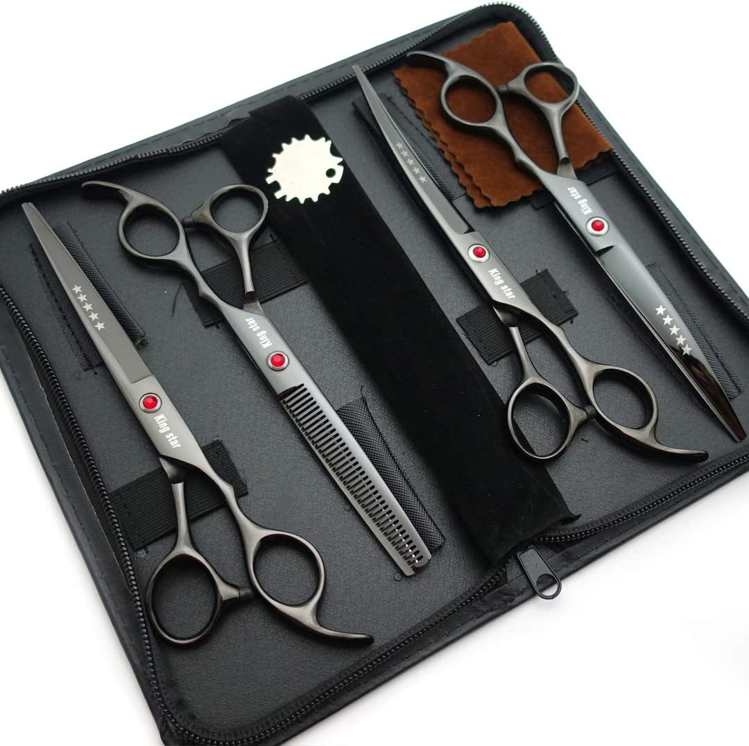 7.0In Titanium Professional Dog Grooming Scissors Set,Straight & Thinning & Curved Scissors 4Pcs Set for Dog Grooming (Bright Black)