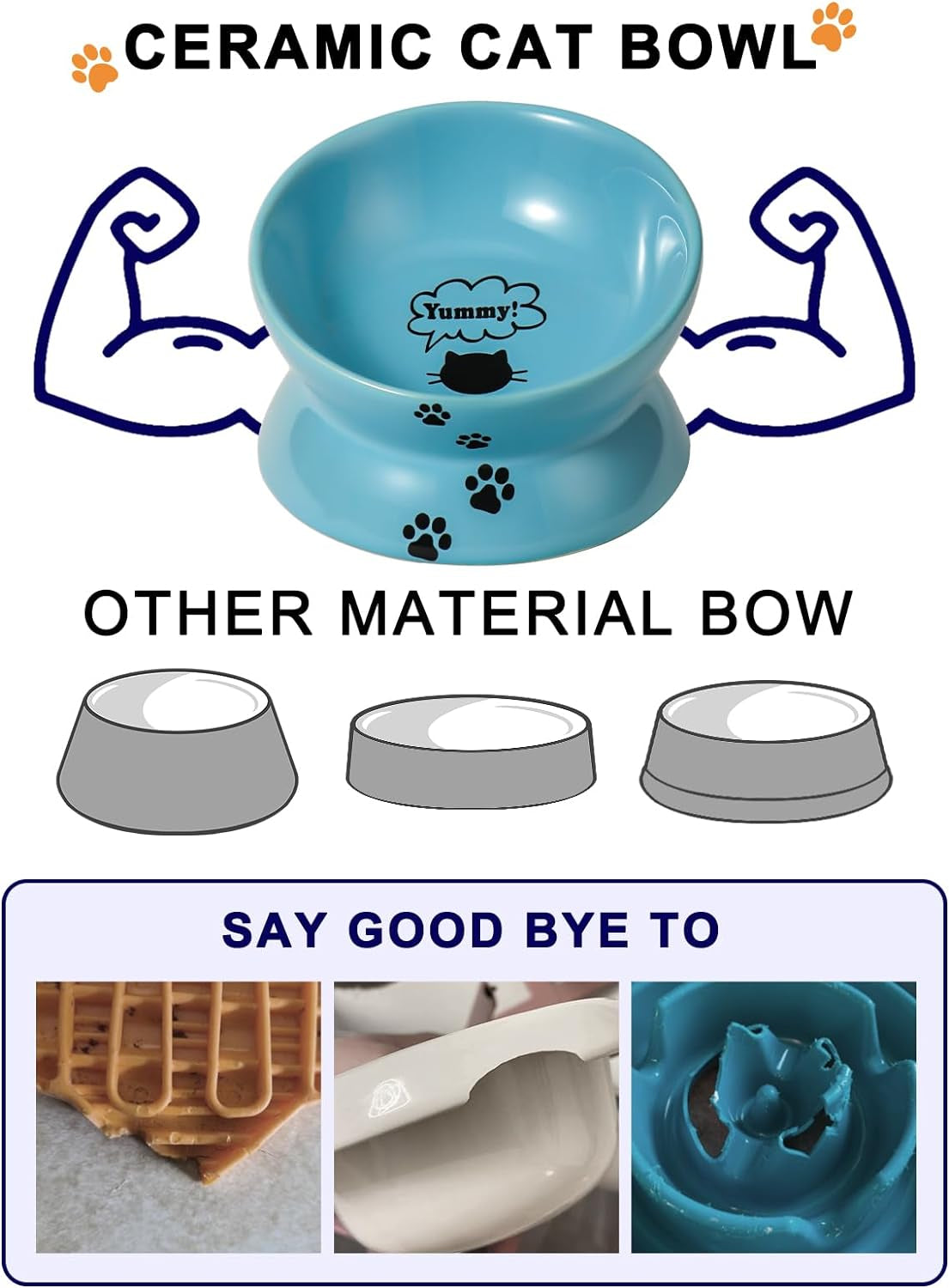 Elevated Cat Food Bowl, Ceramic Raised Cat Bowl, Tilt Angle Protect Cat'S Spine, anti Vomiting Cat Dish, Backflow Prevention, Lake Blue